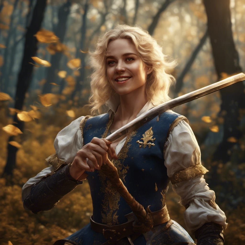 Blonde Bard Fighting in Oak Forest, Photorealistic Art