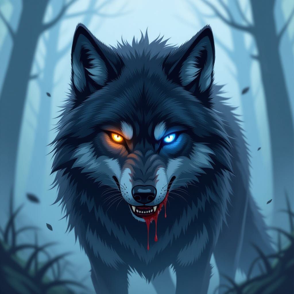 Anime Black Wolf with Heterochromia in Misty Forest