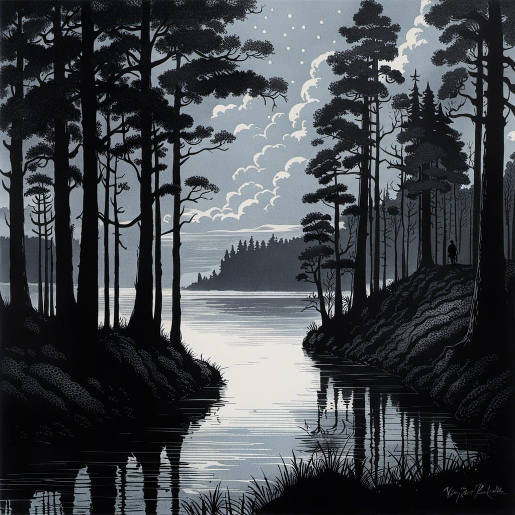 Reflective Lake Landscape in Blue Ink Drawing