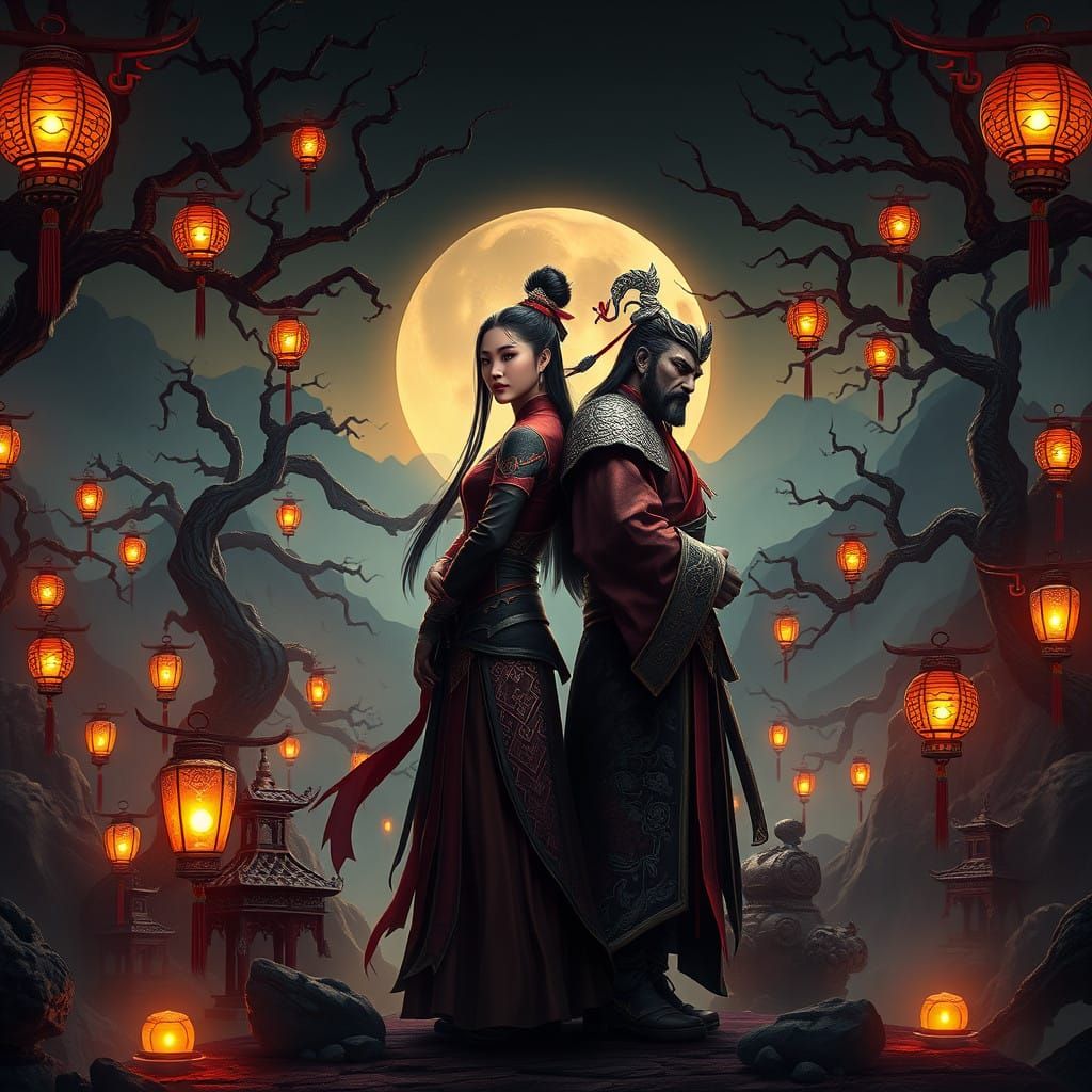 Dark Fantasy Mulan and Li Shang in Ancient, Mystical Landsca...