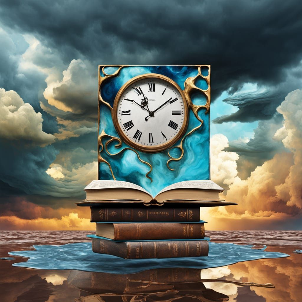 Surreal Sculpture of Melted Clock on Antique Books