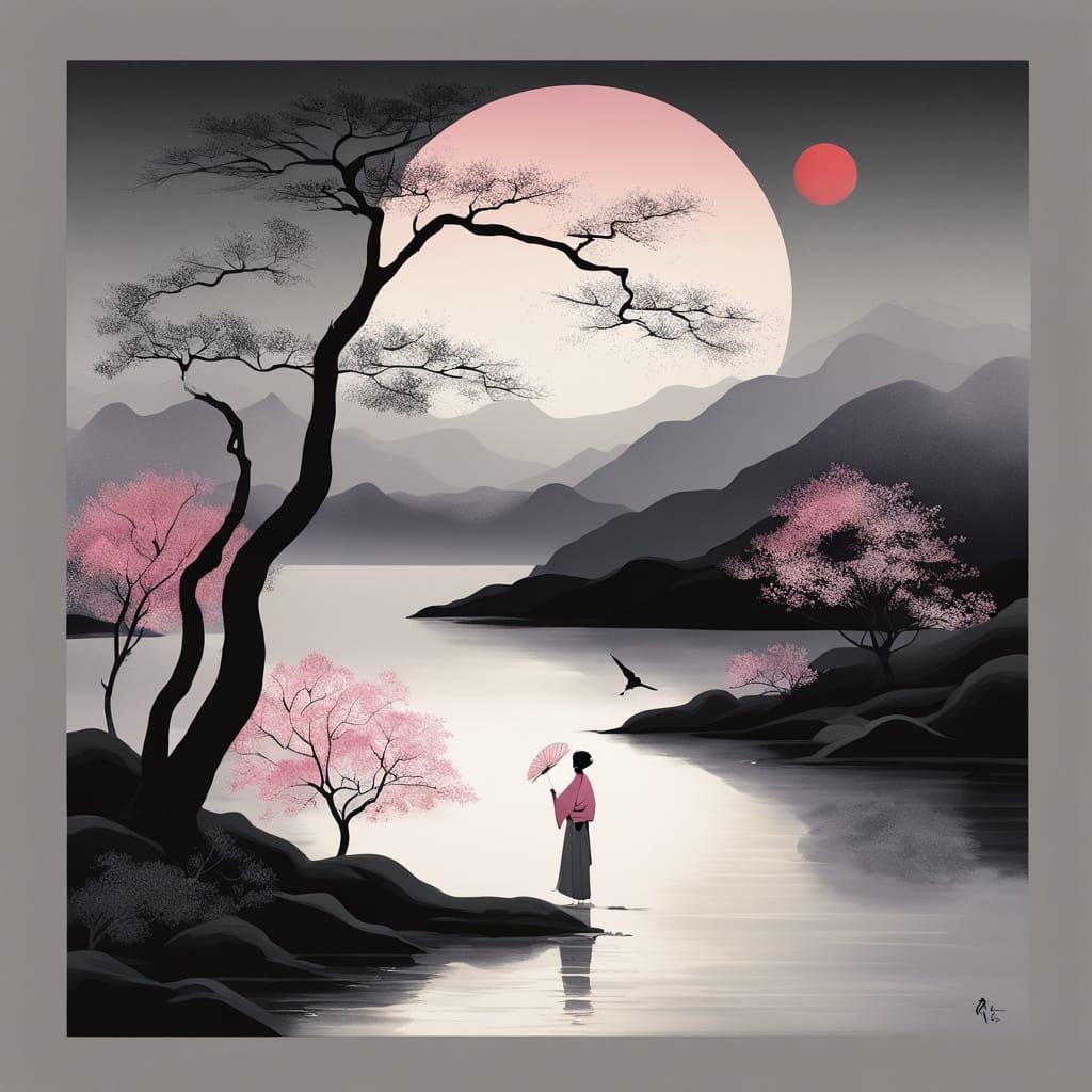 Moonlit Kimono by Lake in Sumi-e Style