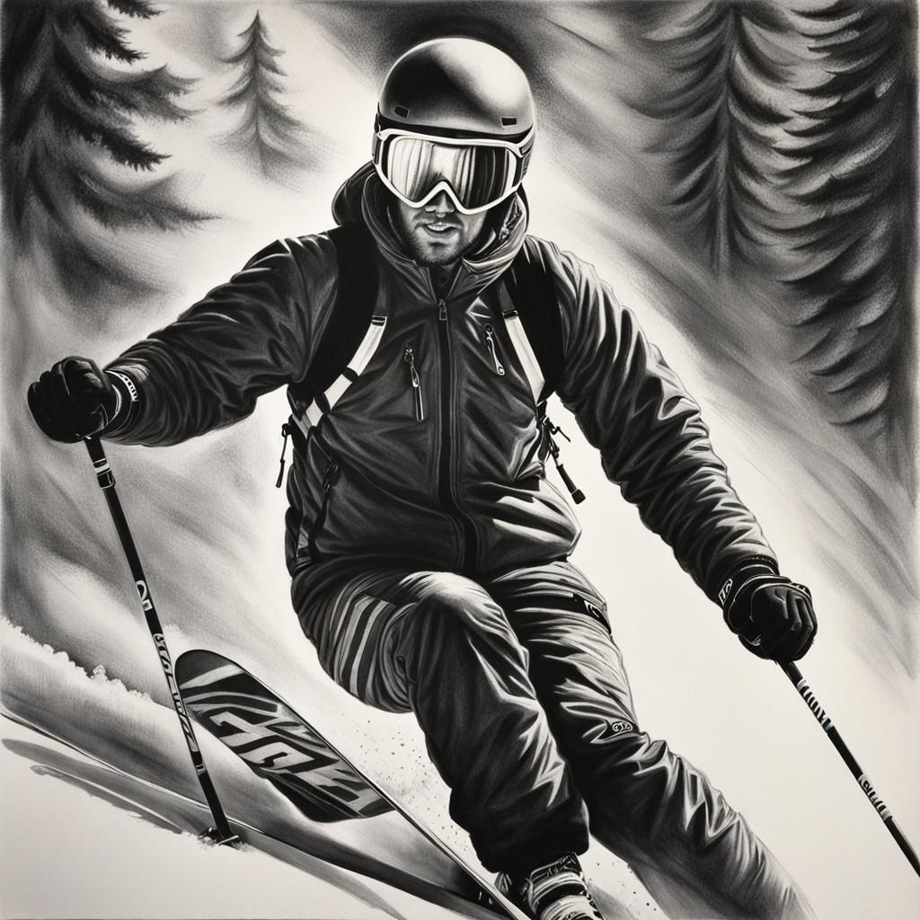 Detailed Charcoal Drawing of a Skier