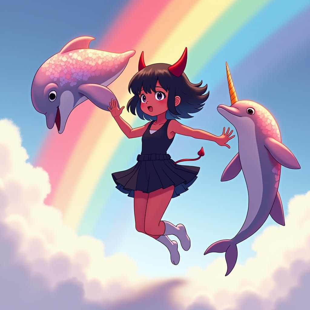 Red-Skinned Girl with Devil Horns Jumping on Cloud