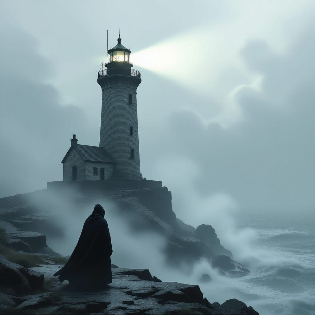 Ancient Lighthouse in Ethereal Mist with Solitary Figure