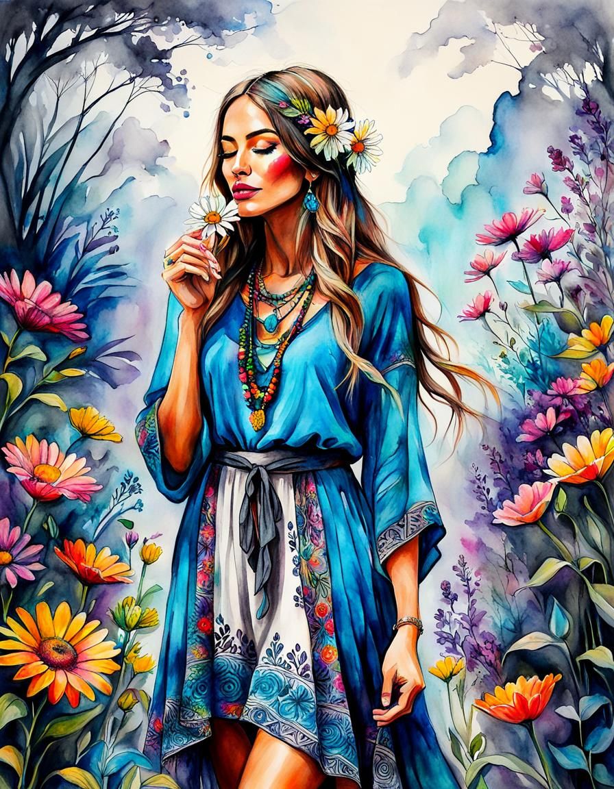 "Gorgeous Hippie Girl in Boho clothing, smelling flowers, full body view, vibrant watercolors, charcoal art