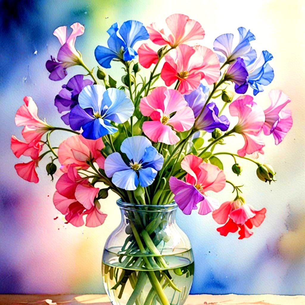 Colorful Sweet Peas in Watercolor Style