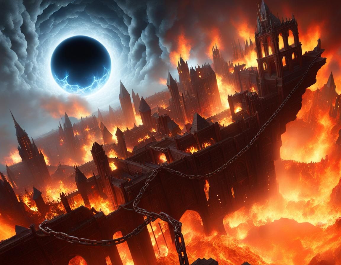 Medieval City Descent into Hellfire - Dark Fantasy Art