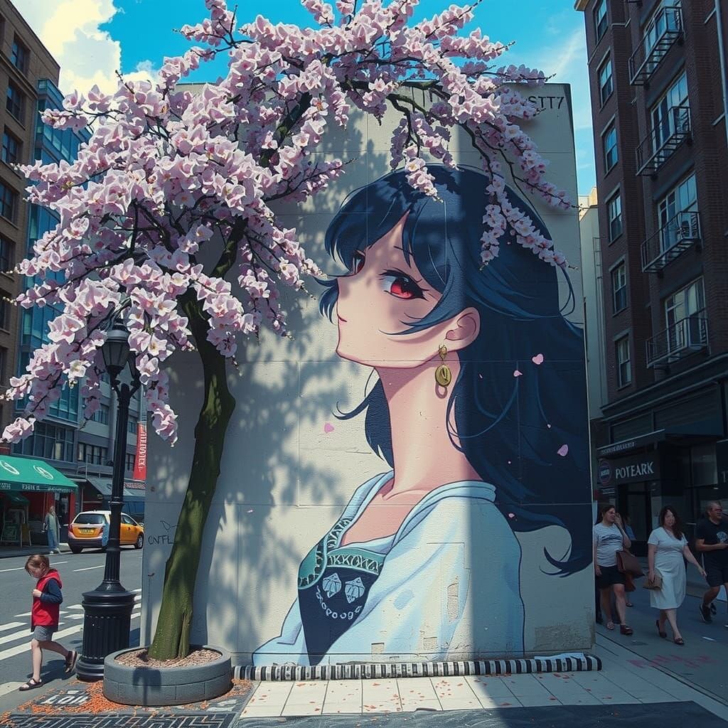 Anime Woman Mural with Blossoms in Cityscape