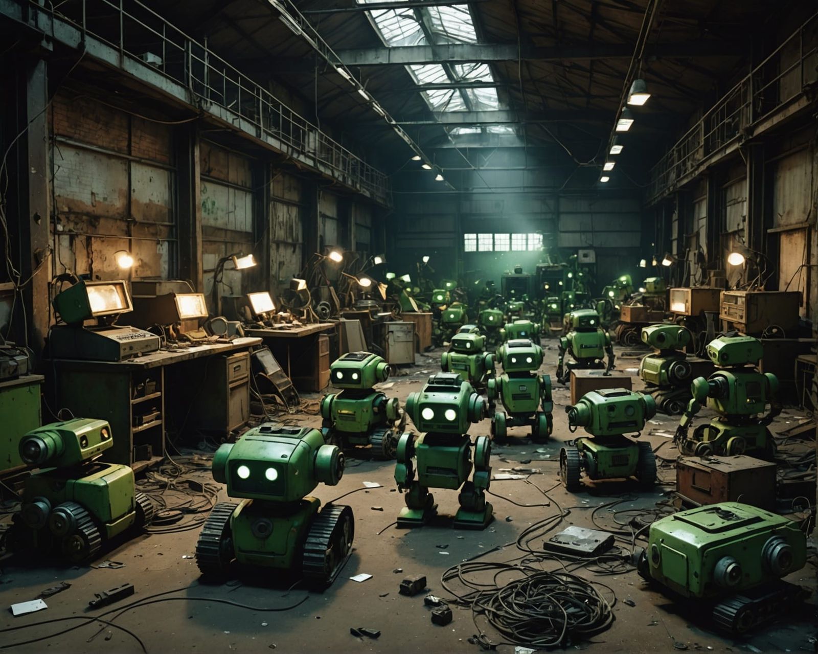 Abandoned Robot Warehouse in Retro Sci-Fi Style