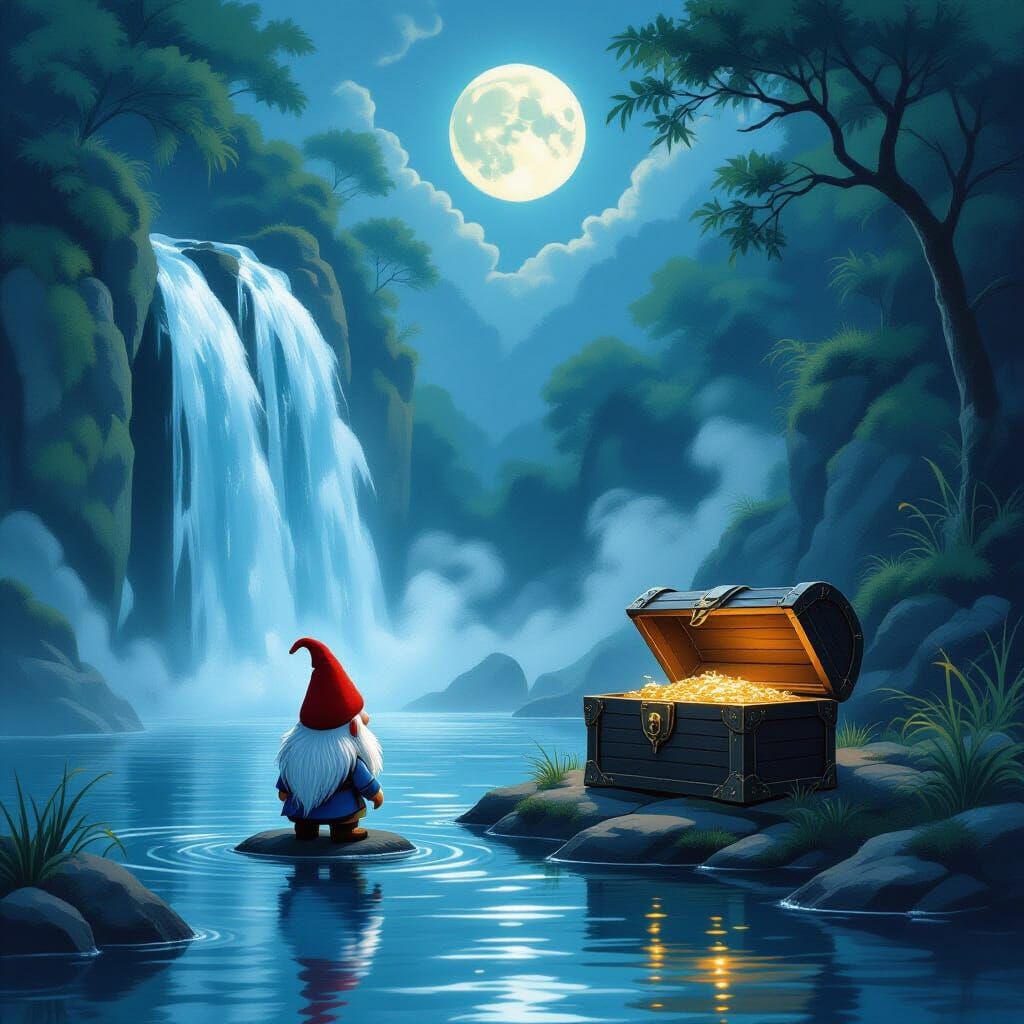 Gnome Emerges From Moonlit Waterfall in Japanese Ink Style