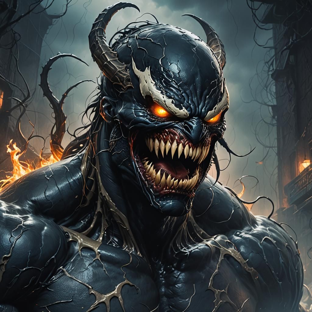 Venom Portrait with Fangs in Dark Fantasy Style