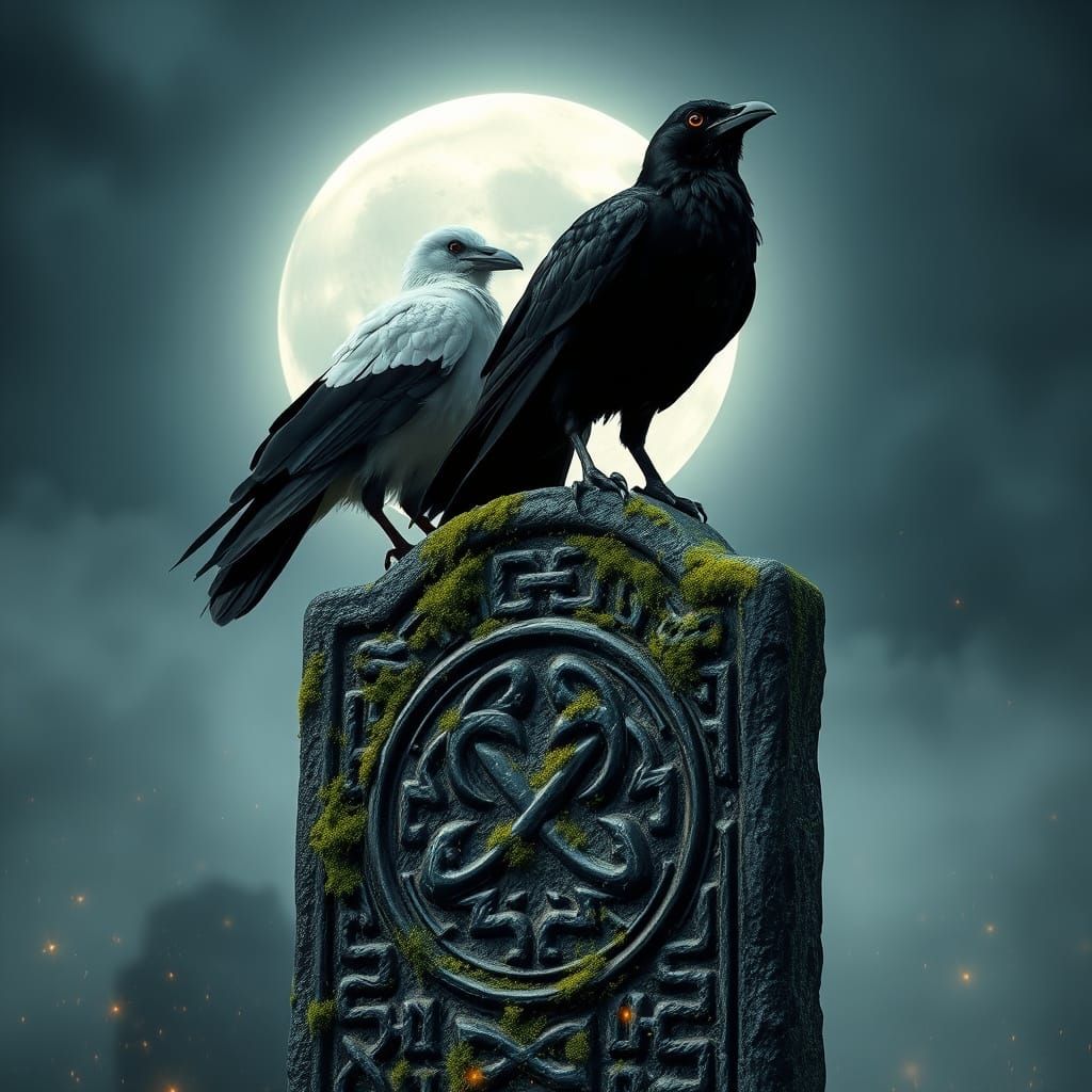 Ravens on Celtic Stone Under Moonlight