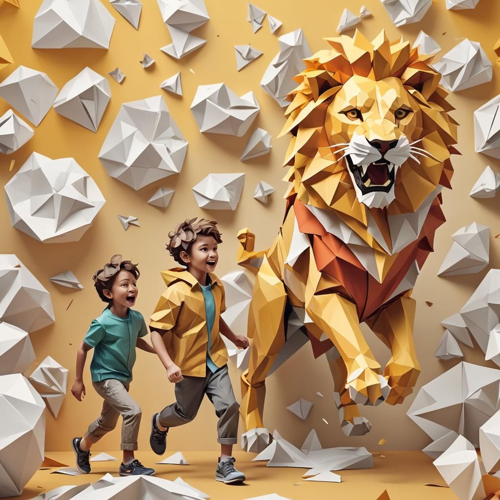 Frightened Boy Runs From Origami Lion: Low-Poly Art