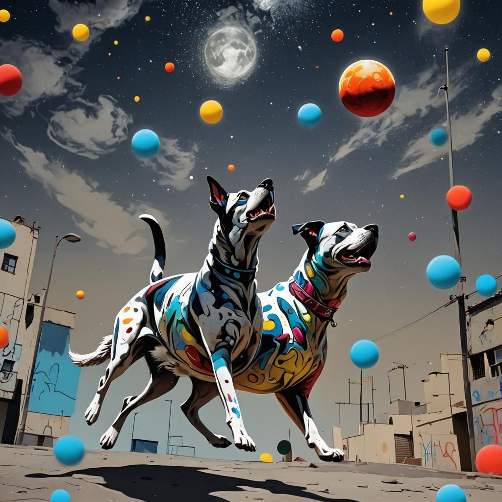 Surreal Lunar Dog Playing Ball in Graffiti Colors