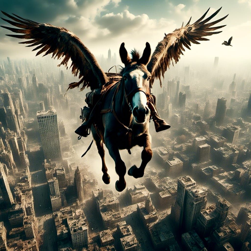 Winged Donkey Flies Over City: Hyperrealistic Macabre
