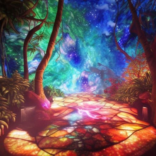 Glitchcore Jungle Path Landscape in Watercolor Style