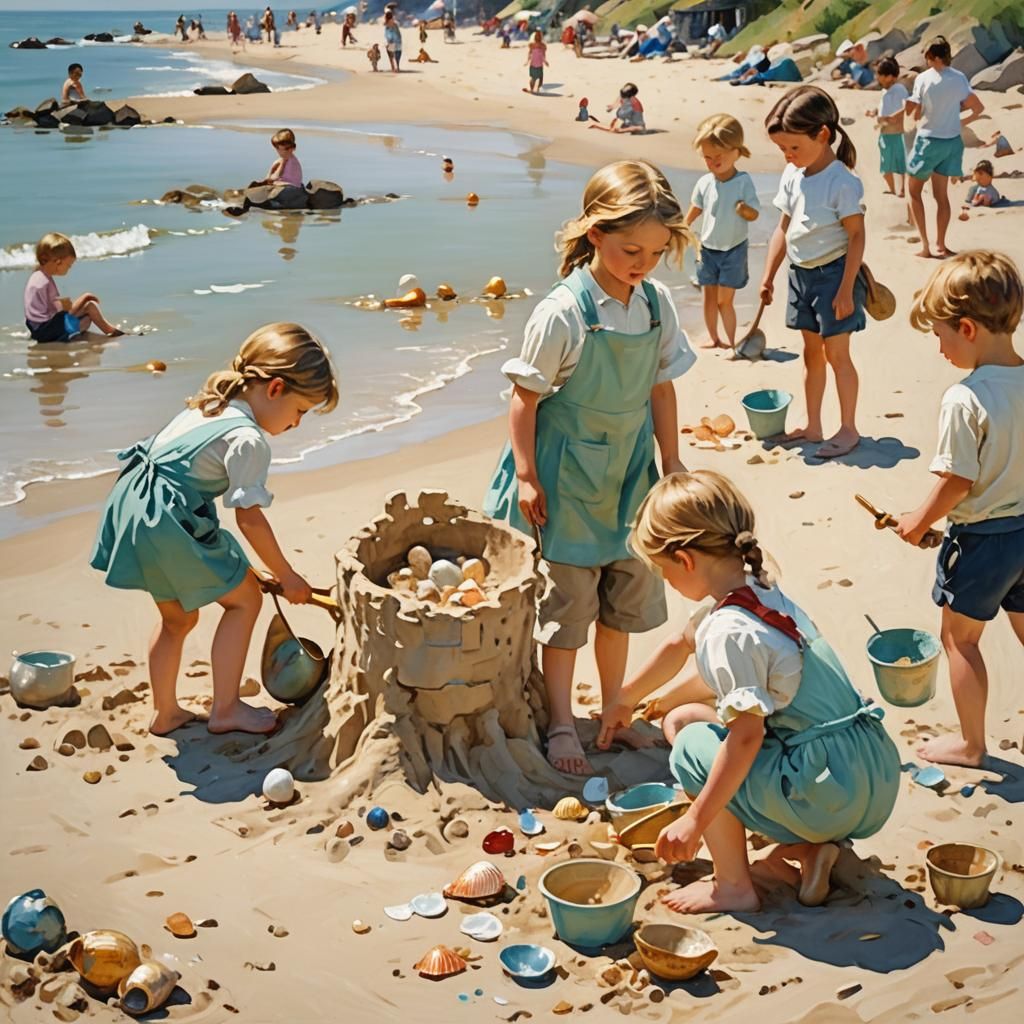 Children Build Sandcastles: Impressionistic Beach Scene