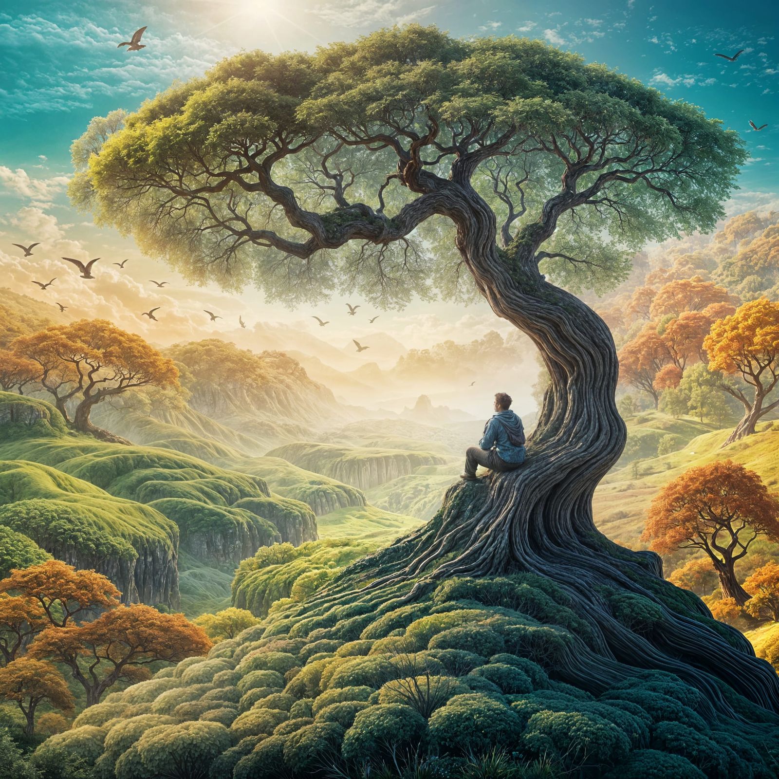 Mystical Giant Tree Landscape with Seated Figure