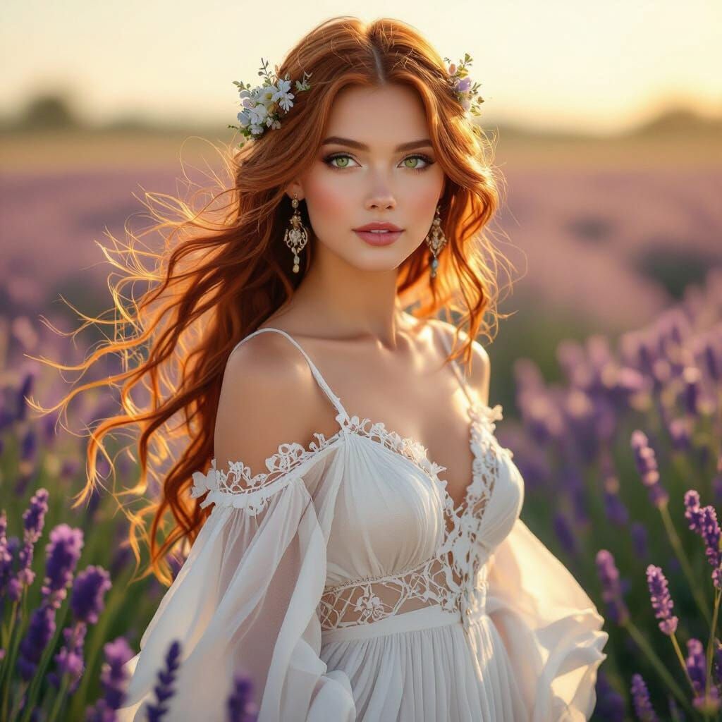 Elegant Woman in Lavender Field, Art Nouveau Style