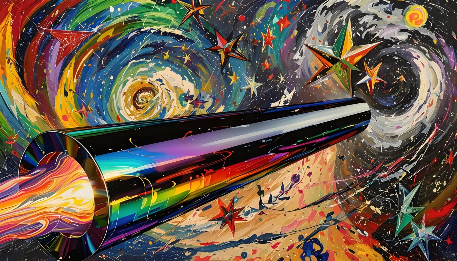 Abstract Vortex with Rainbow Cylinder and Fiery Exhaust