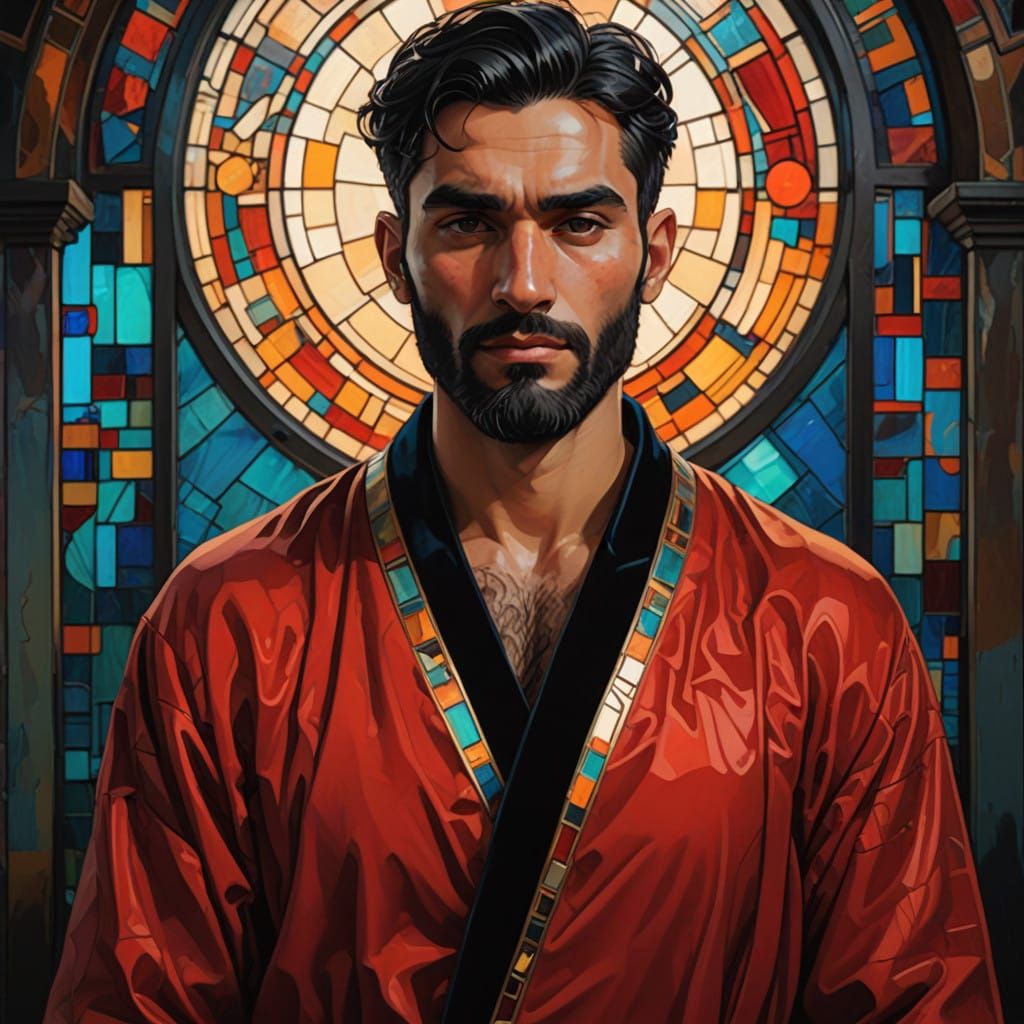 A Handsome Bearded Nobleman in a Vibrant Stained Glass Setti...