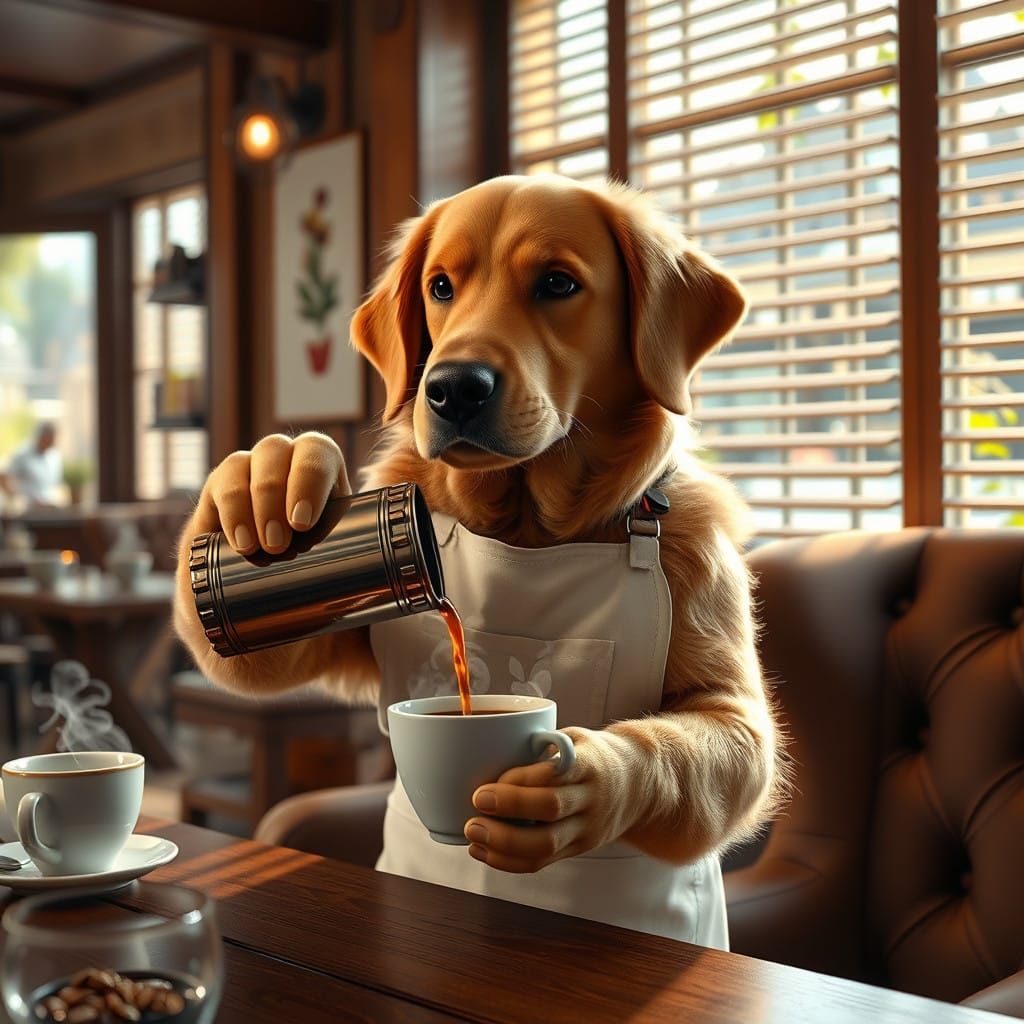 Golden Barista in Cozy Coffee House