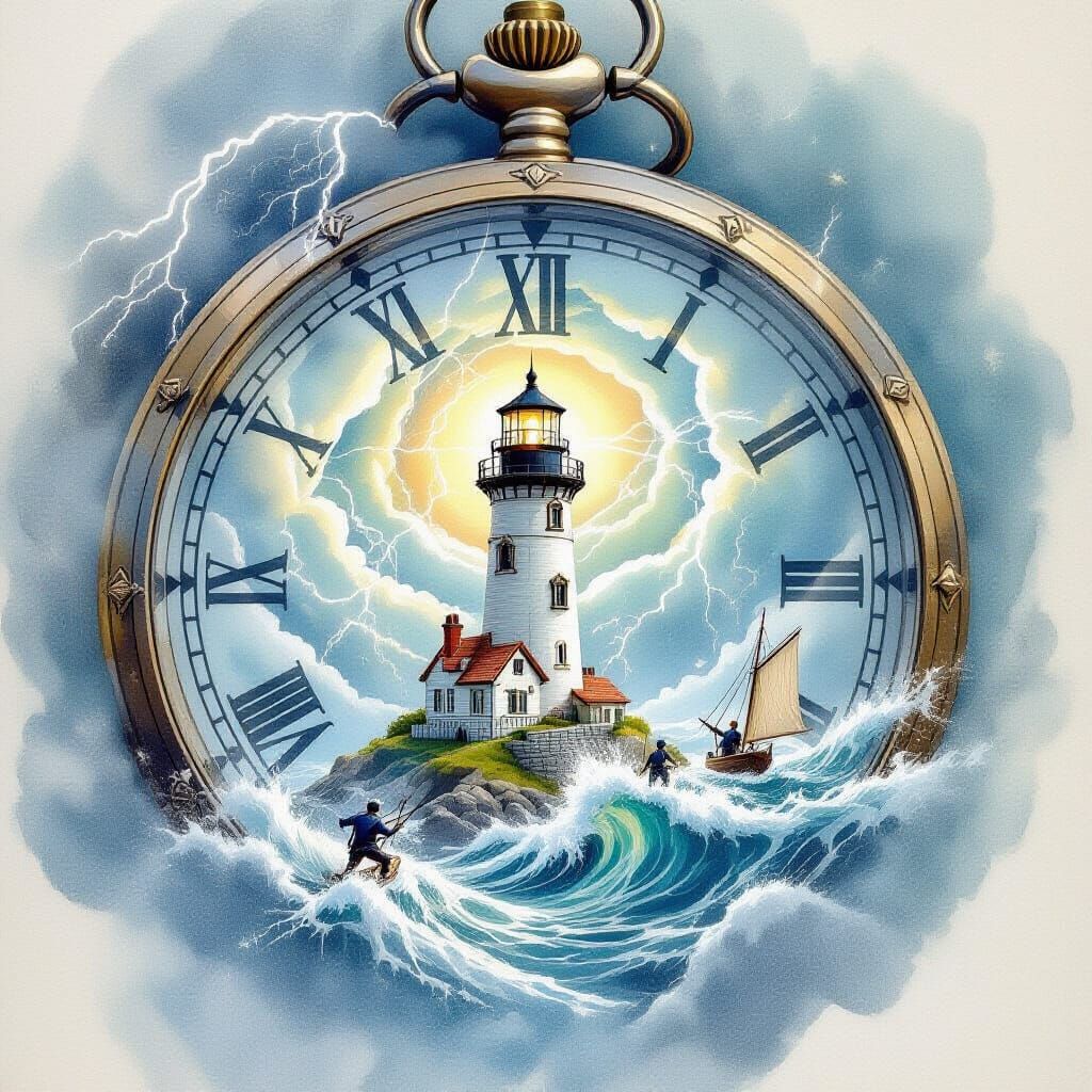 Miniature Lighthouse in Pocket Watch, Watercolor Style