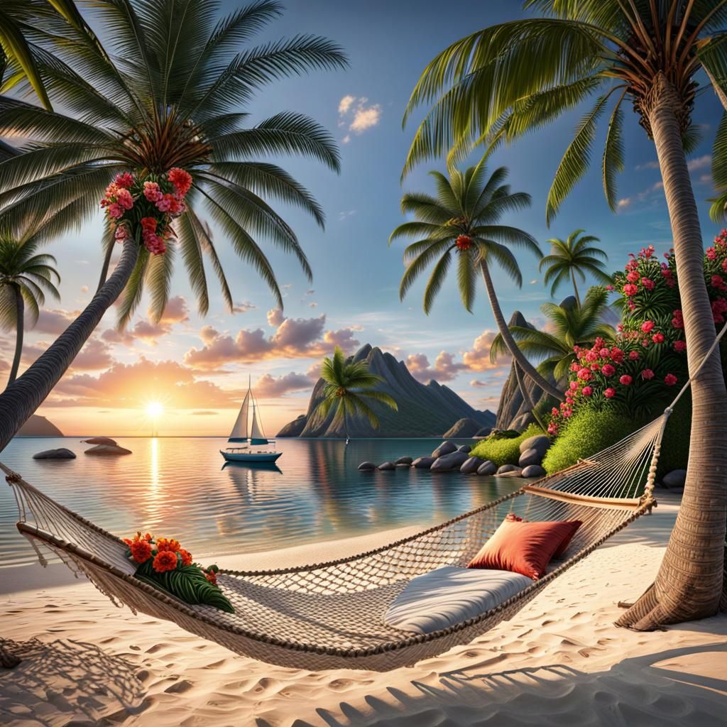 Island Paradise: Hammock at Sunset, Hyperrealistic Style