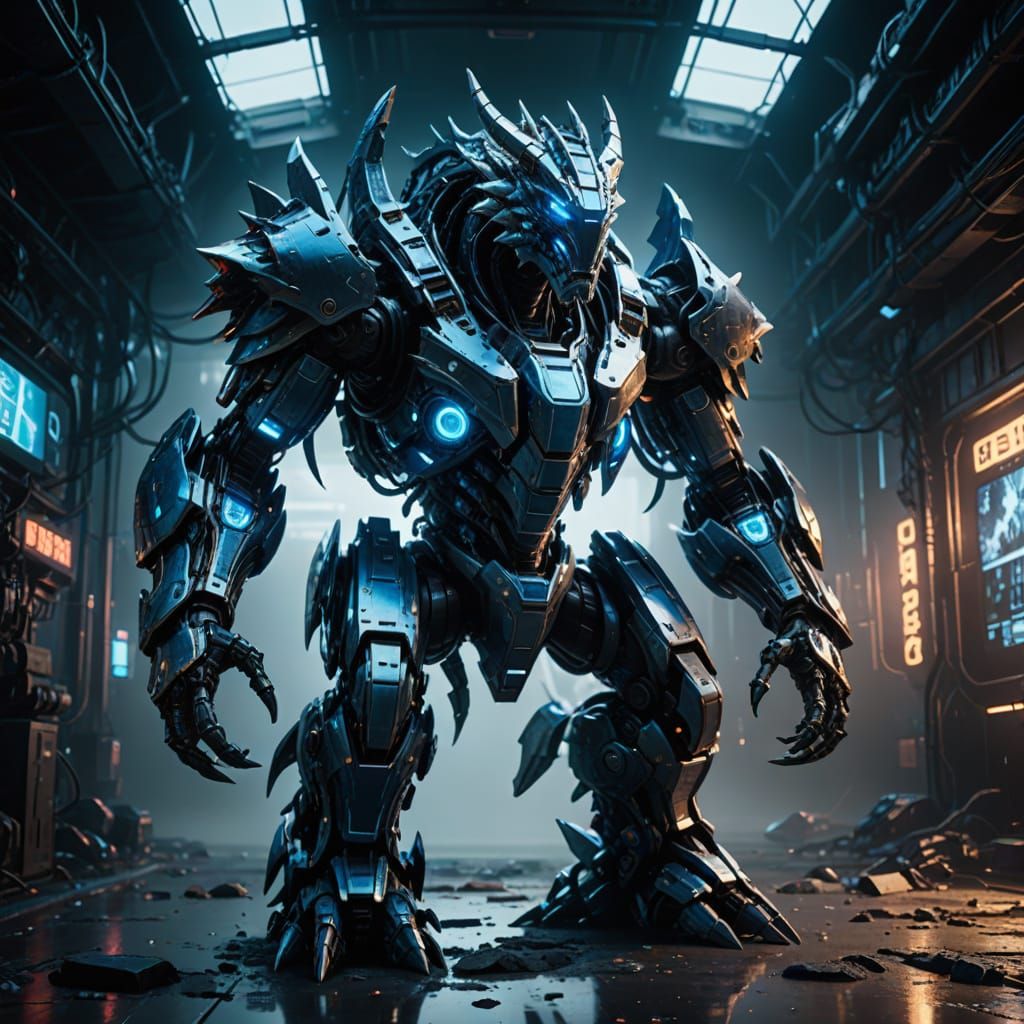Cyberpunk Mech Dragon Rises from the Fog