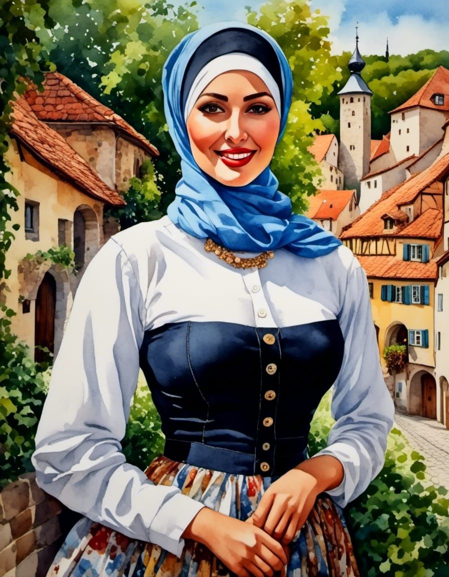 Curvy Hijabi Women in Medieval City, Watercolor Style