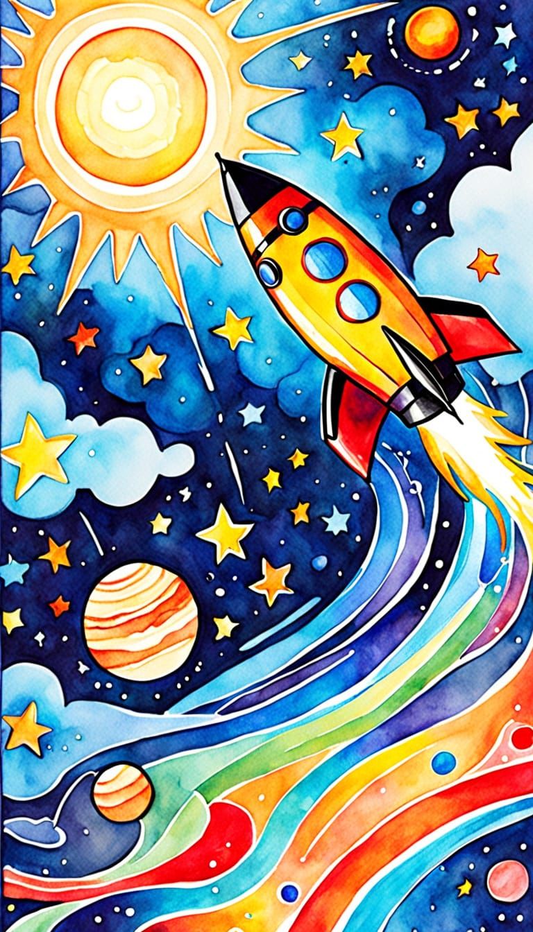 Cosmic Rocket Bookmark in Vibrant Watercolor