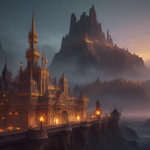 Golden Longbow Fires Arrow in a Fantasy Landscape