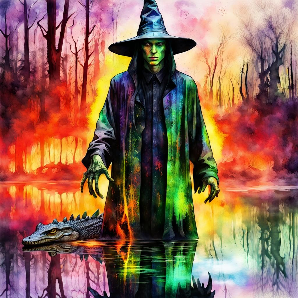 Holographic Swamp Wizard with Alligator in Watercolor