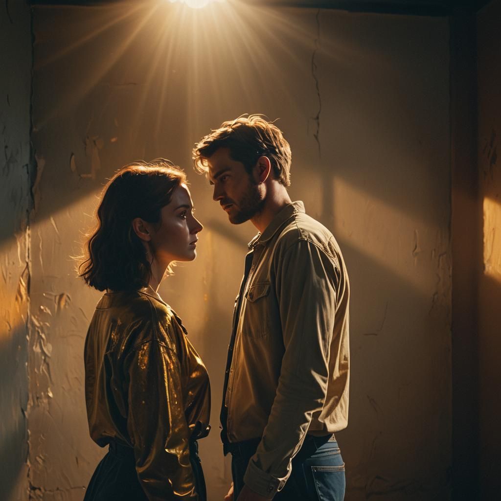 Emotional Couple in Dark Room, as Oil Painting