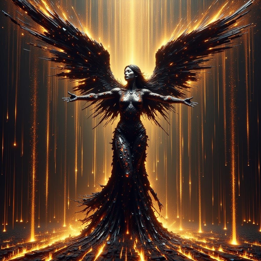 Molten Metal Cyborg Angel Descending, Glitch Art