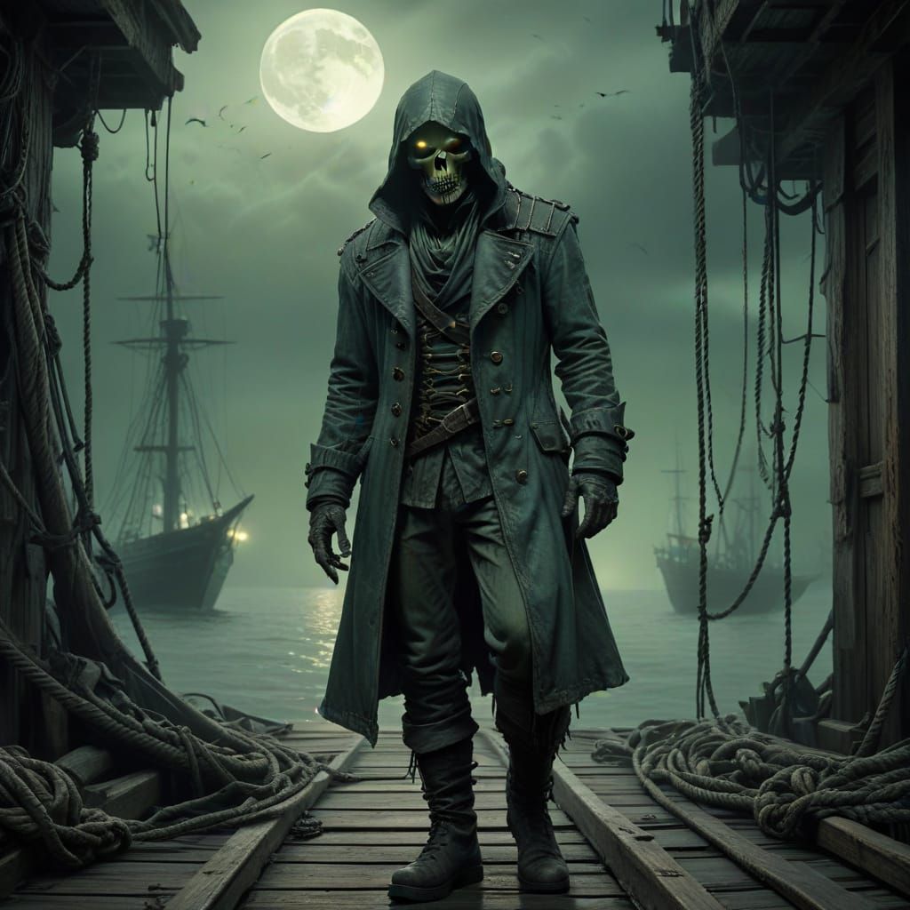 Eerie Nautical Scene: Sailor on Creaking Deck at Dusk