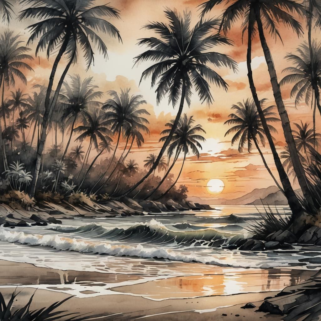 Island Beach Seascape in Watercolour Charcoal Style