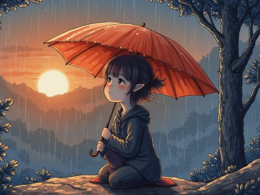 Woman Holding Umbrella in Rain