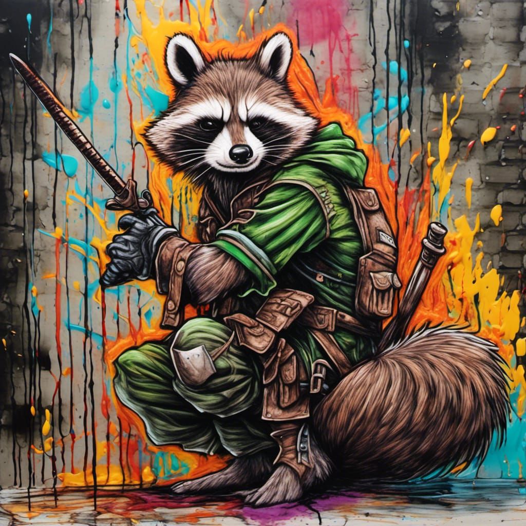 Raccoon Zorro Versus Robin Hood Graffiti Art