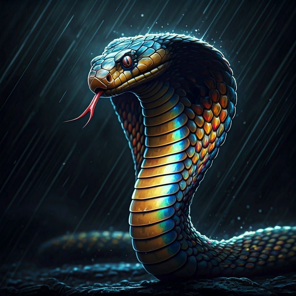 Iridescent Cobra in Rainy Graffiti Art Style