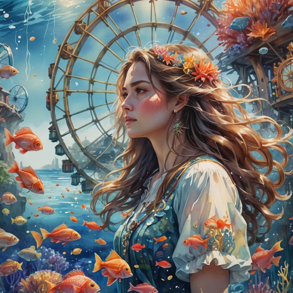 Underwater Woman Portrait in Watercolor Style