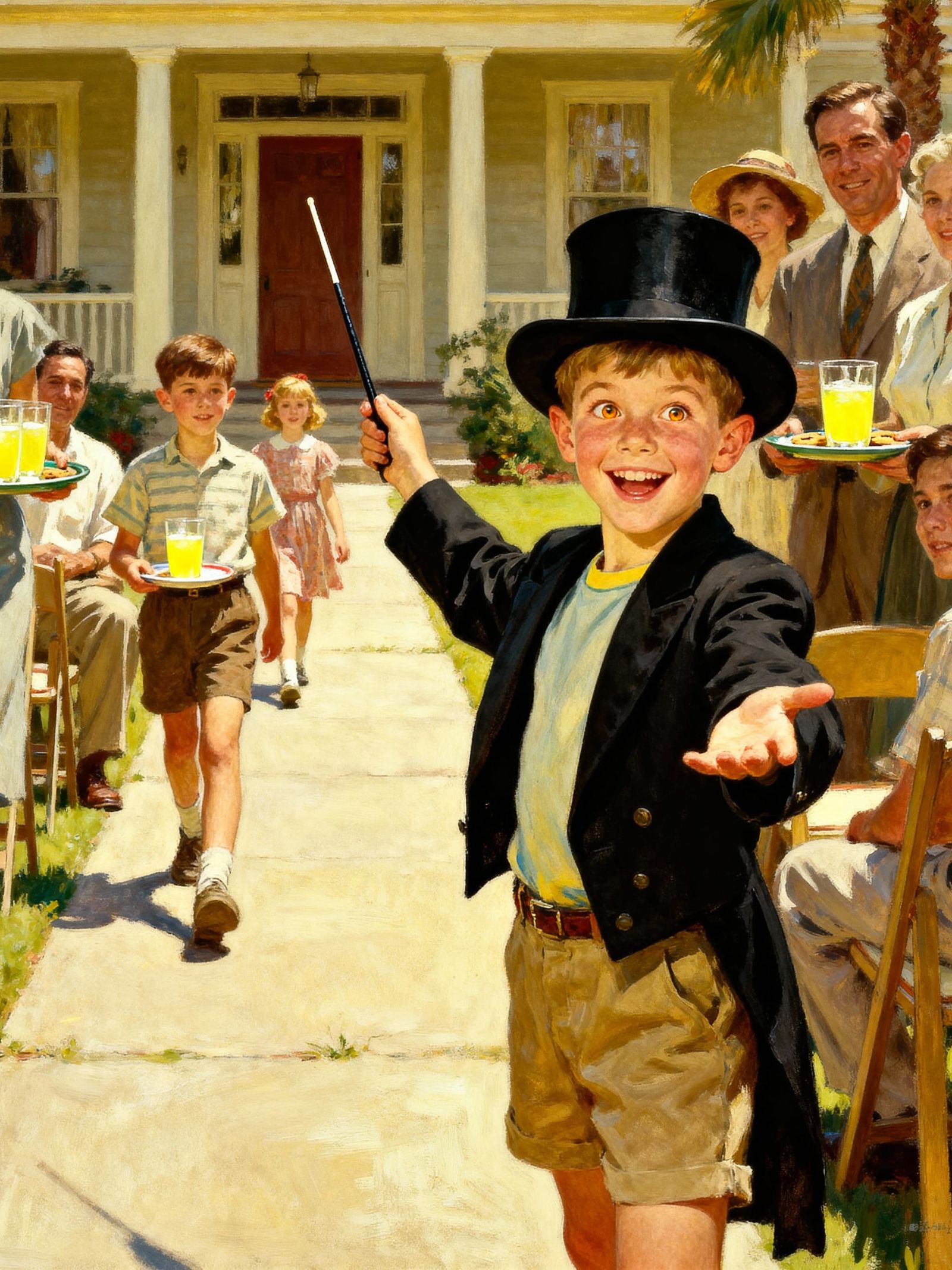 Young Magician Entertains Crowd in Rockwell-Inspired Scene