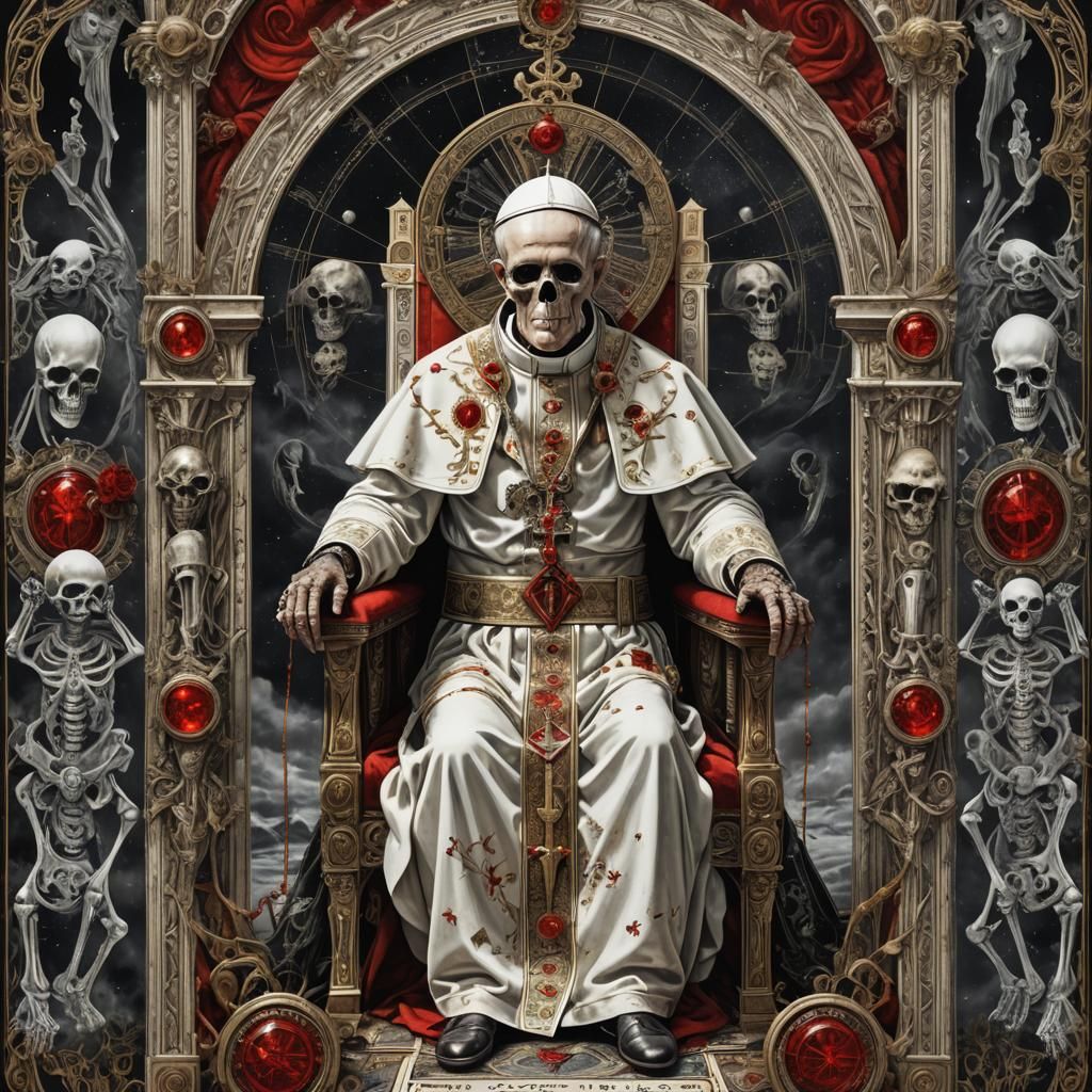 Skeleton Pope Tarot Card in Black, White, and Red