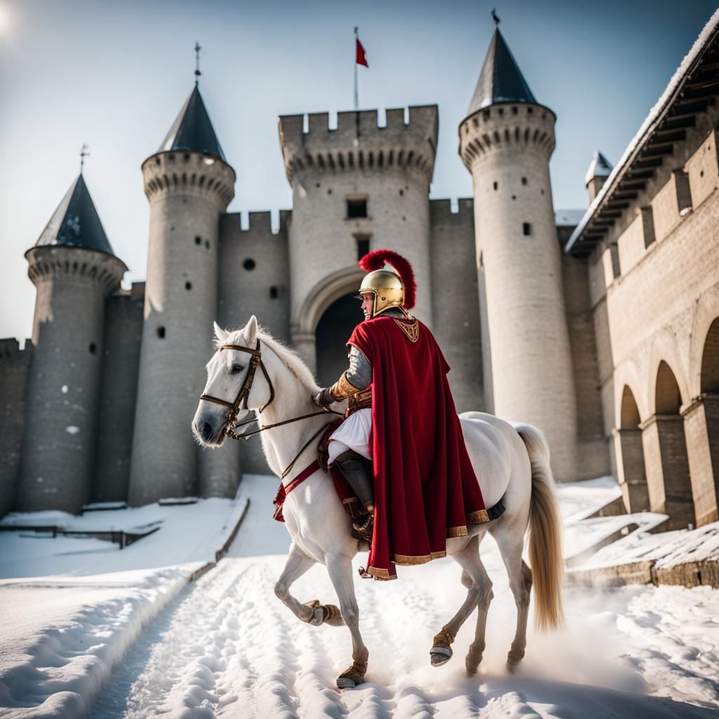 Roman Warrior Rides Into Snow Castle: Photo-realistic