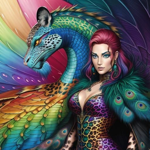 Rainbow Dragon Woman in Comic Book Style