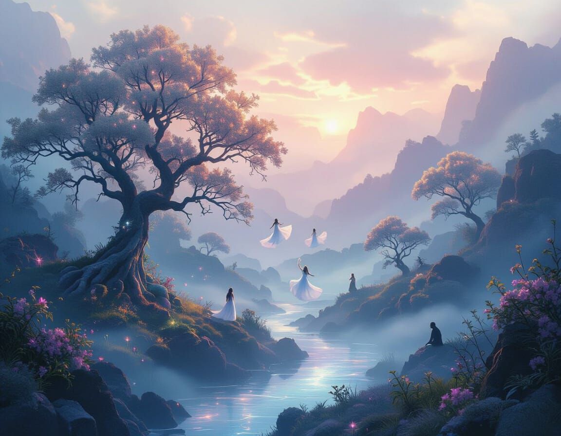 Ethereal Mist Weaving Surreal Landscapes in Vaporwave Style