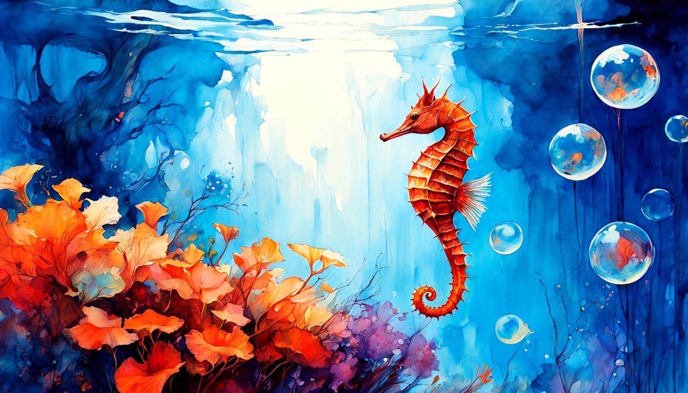 Elegant Seahorse in Vibrant Underwater Scene