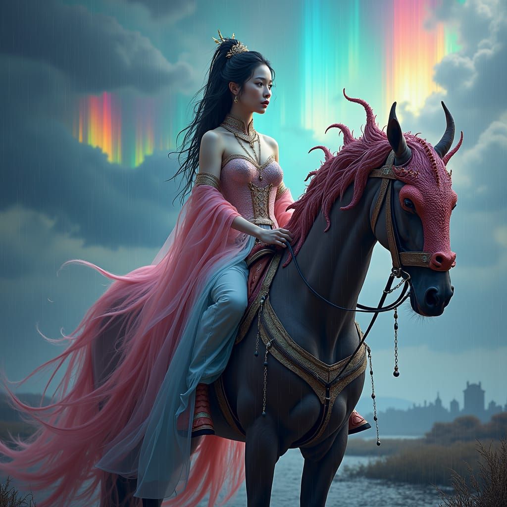 Woman on Horse with Dragon in Stormy Landscape