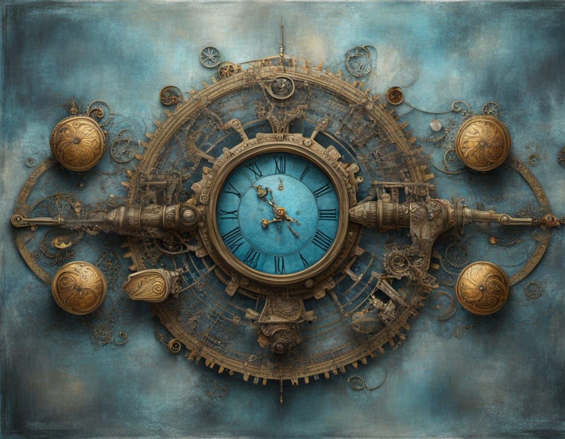 Eldritch Steampunk Abstract Painting in Blue and Gold